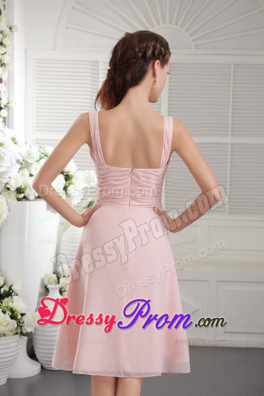 Tea-length Straps Baby Pink Hand Made Flower Dama Dress Ruched