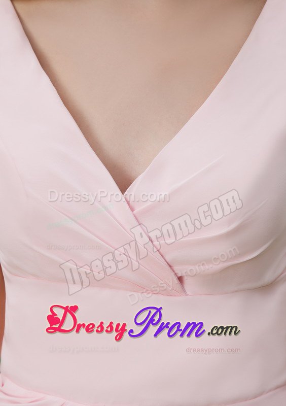 Baby Pink Ruche Empire Chiffon V-neck Dama Dress in Mini-length