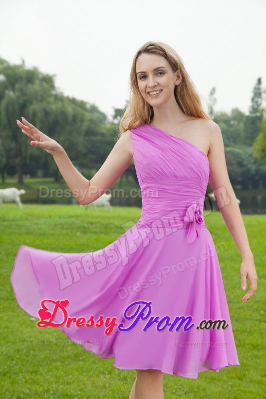 Knee-length Lavender Chiffon One Shoulder Ruched Dama Dresses