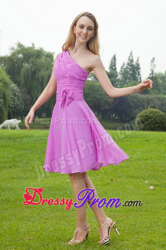 Knee-length Lavender Chiffon One Shoulder Ruched Dama Dresses