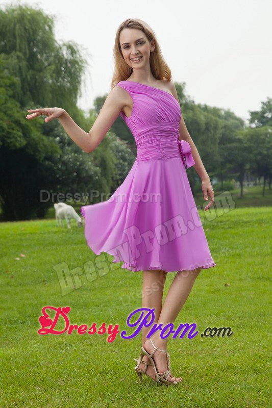 Knee-length Lavender Chiffon One Shoulder Ruched Dama Dresses