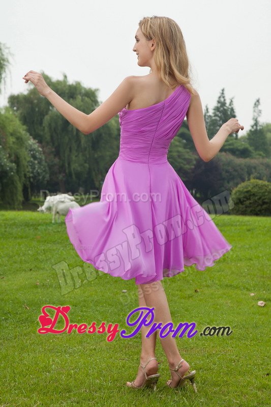 Knee-length Lavender Chiffon One Shoulder Ruched Dama Dresses