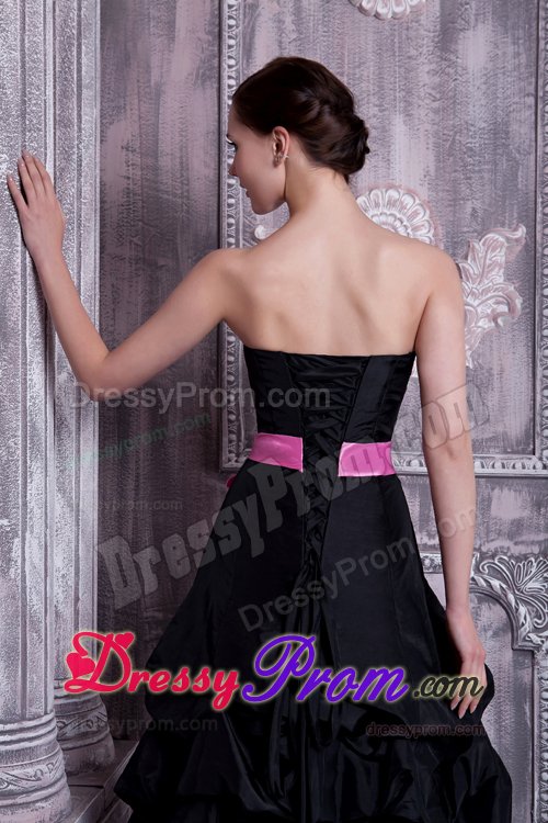 Black A-line Taffeta Strapless Dama Dress with Sash and Pick-up
