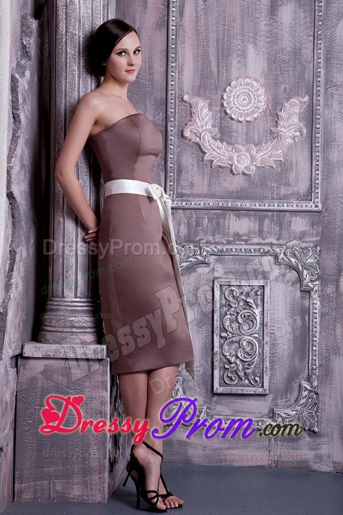 Tea-length Satin Brown Strapless Sashed Dama Dress for Cheap