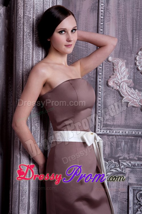 Tea-length Satin Brown Strapless Sashed Dama Dress for Cheap