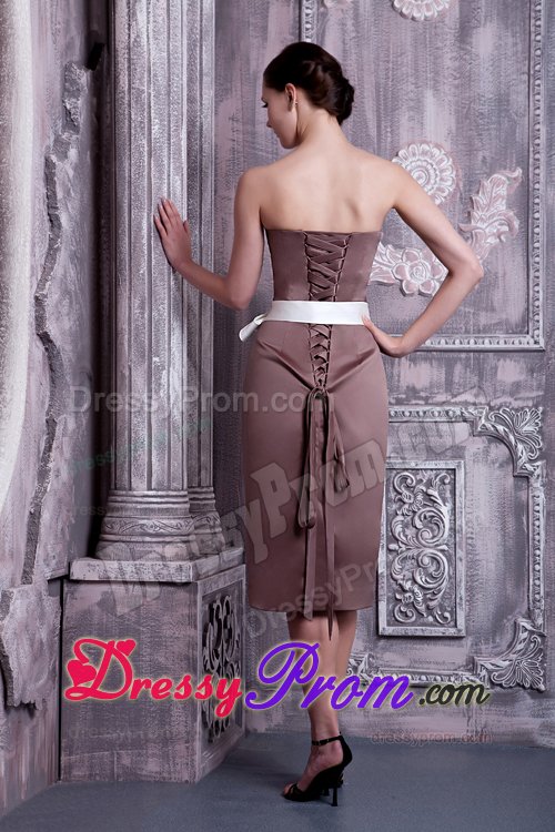 Tea-length Satin Brown Strapless Sashed Dama Dress for Cheap