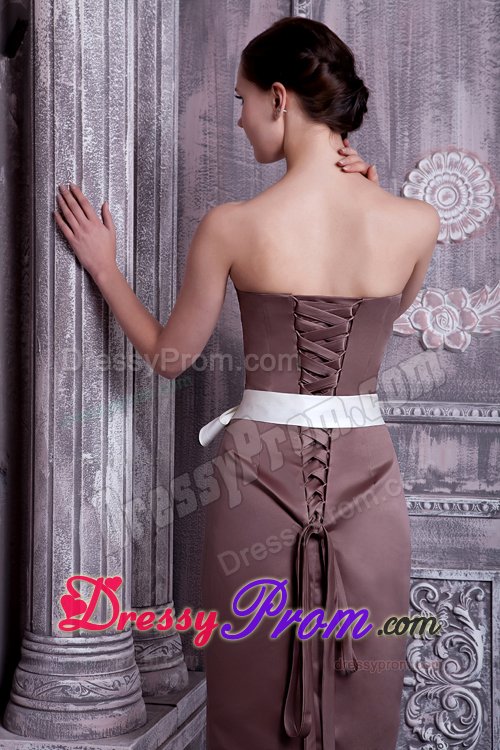 Tea-length Satin Brown Strapless Sashed Dama Dress for Cheap