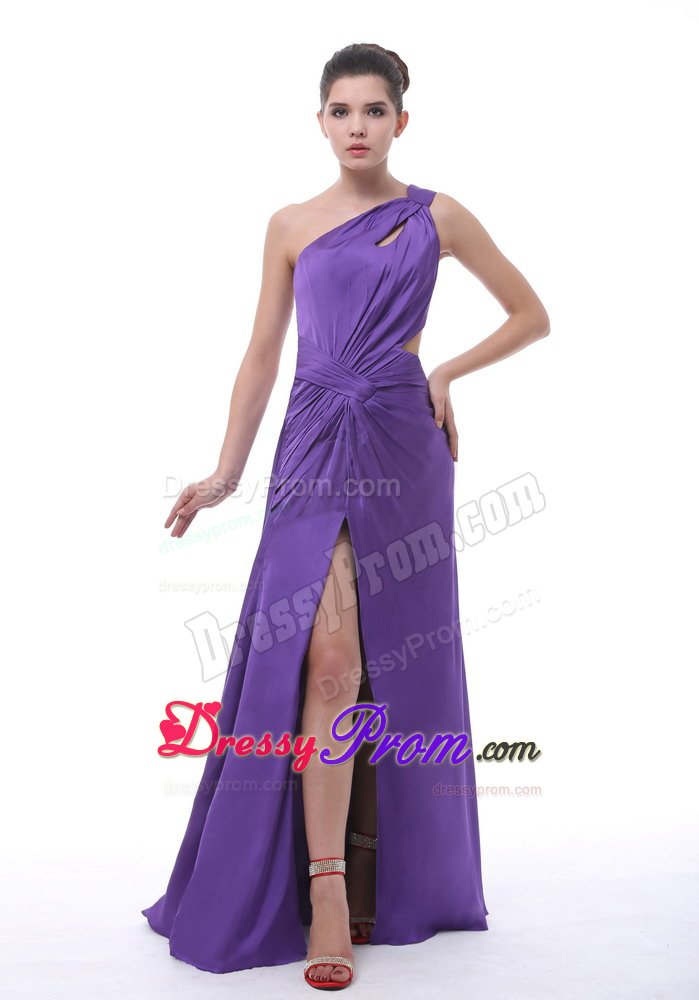 Purple One Shoulder High Slit Prom Evening Dress with Cutout Back