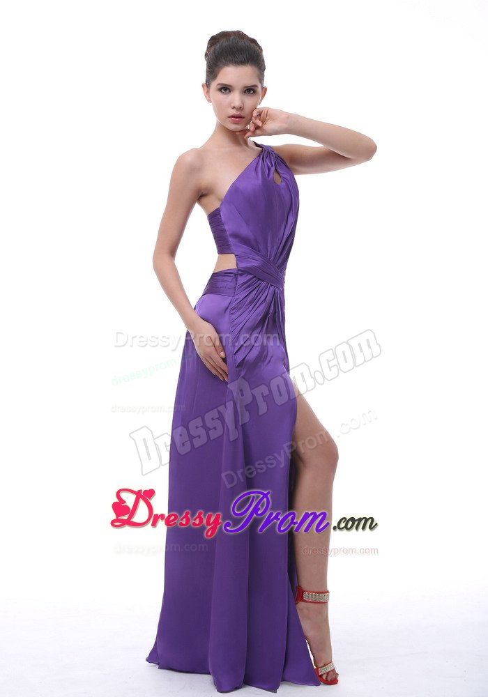 Purple One Shoulder High Slit Prom Evening Dress with Cutout Back
