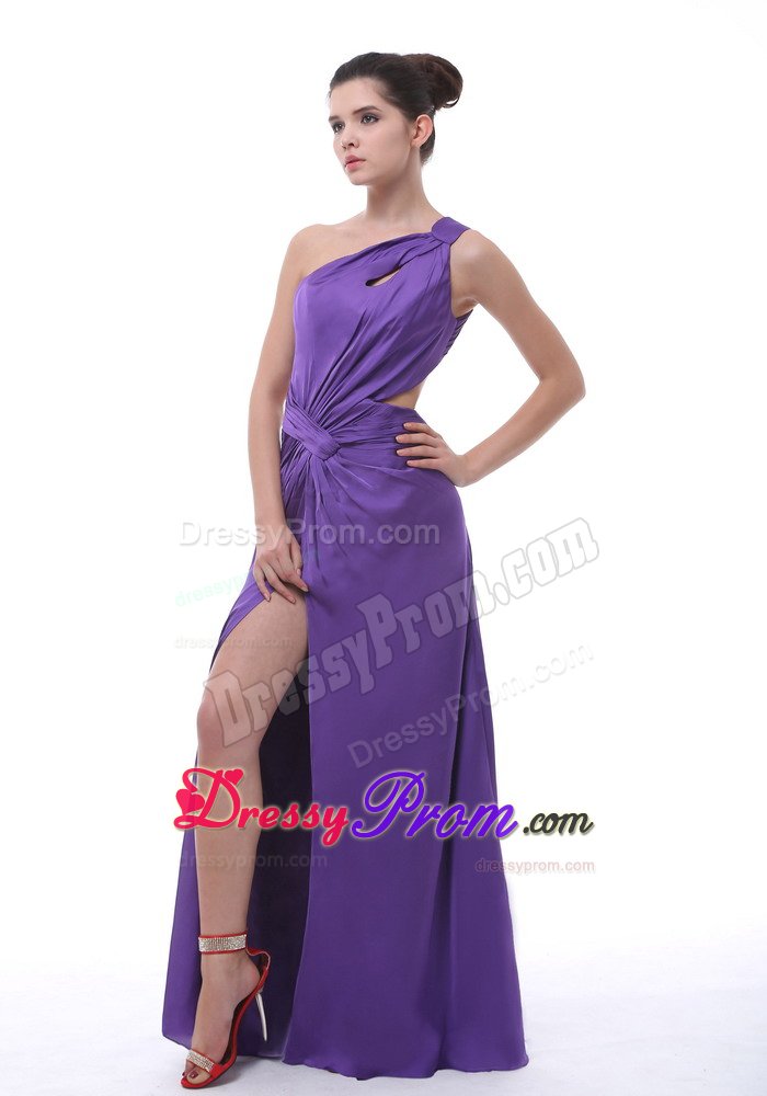 Purple One Shoulder High Slit Prom Evening Dress with Cutout Back