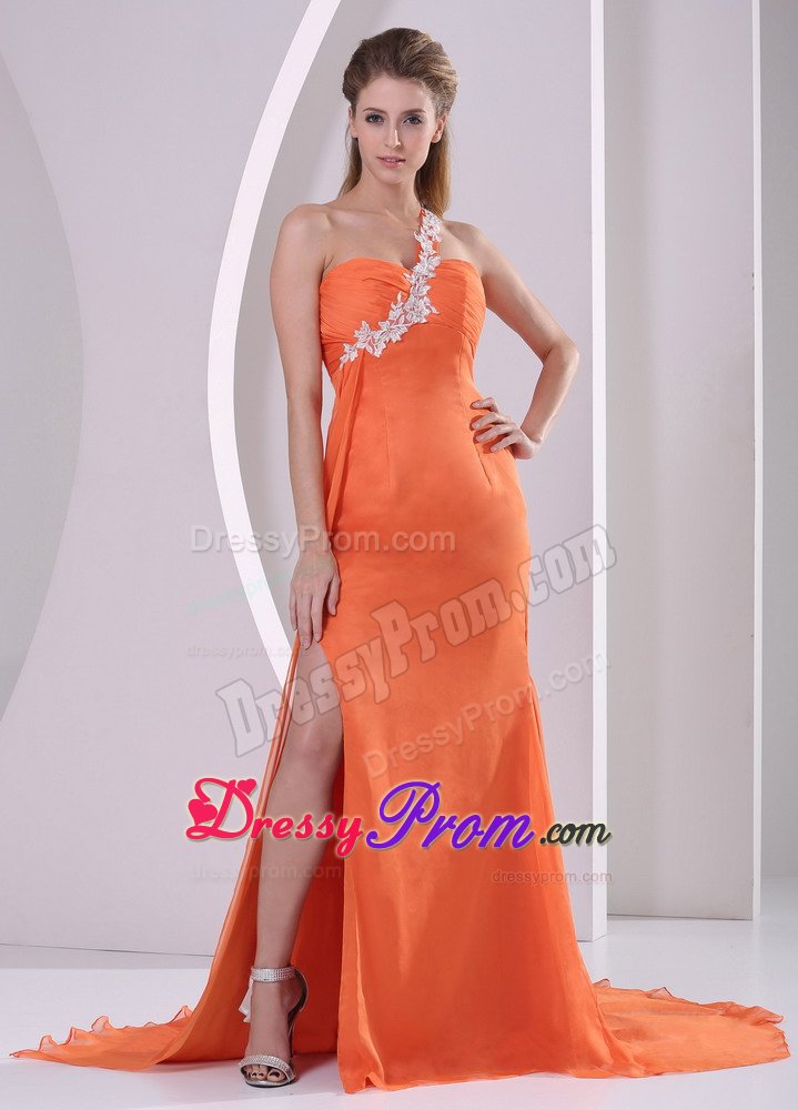 Appliqued One Shoulder High Slit Orange Prom Evening Dresses