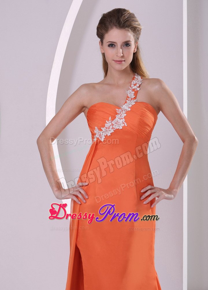 Appliqued One Shoulder High Slit Orange Prom Evening Dresses