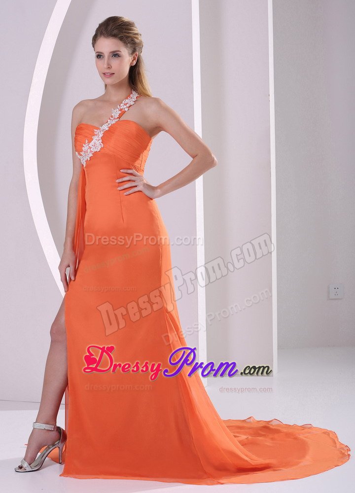 Appliqued One Shoulder High Slit Orange Prom Evening Dresses