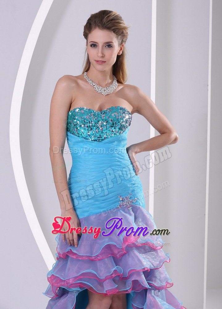 Aqua Blue High-low Prom Gown Dress with Beading and Ruffled Layers