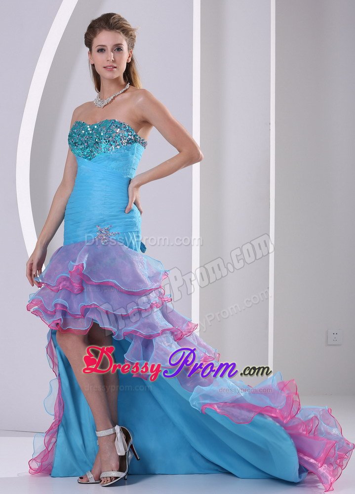 Aqua Blue High-low Prom Gown Dress with Beading and Ruffled Layers