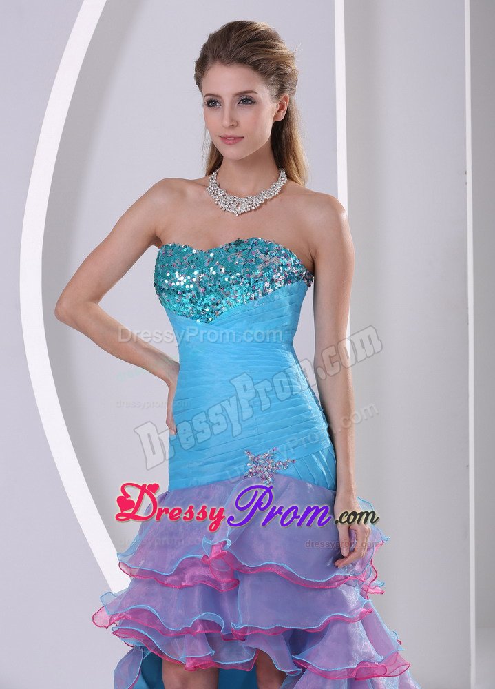 Aqua Blue High-low Prom Gown Dress with Beading and Ruffled Layers