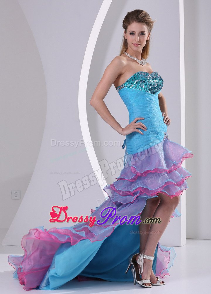 Aqua Blue High-low Prom Gown Dress with Beading and Ruffled Layers