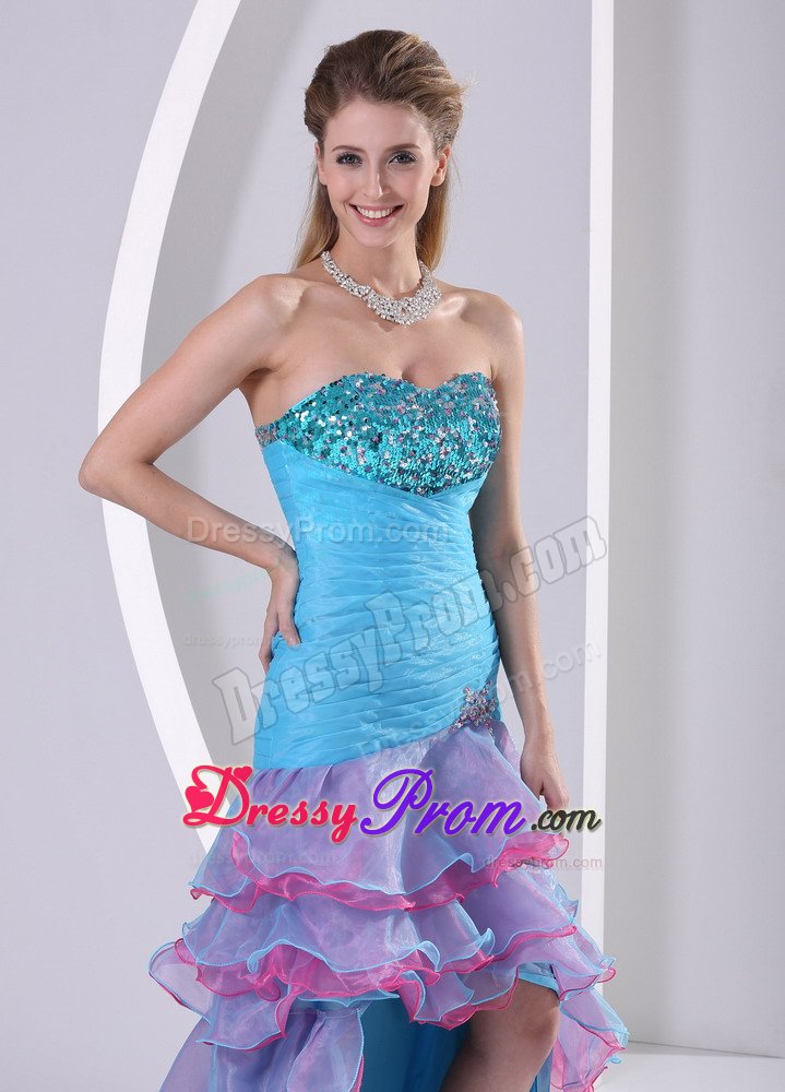 Aqua Blue High-low Prom Gown Dress with Beading and Ruffled Layers
