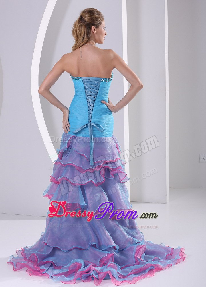 Aqua Blue High-low Prom Gown Dress with Beading and Ruffled Layers