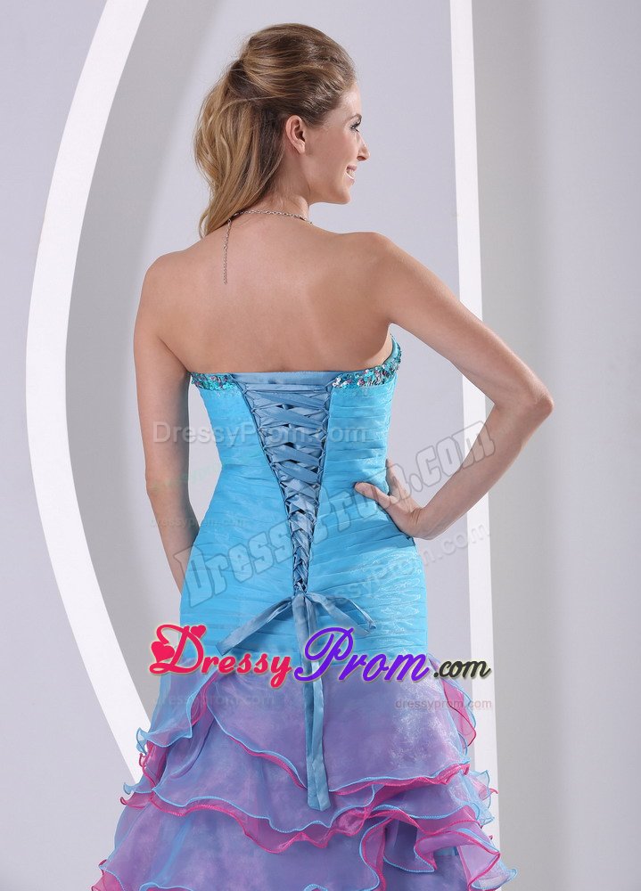 Aqua Blue High-low Prom Gown Dress with Beading and Ruffled Layers