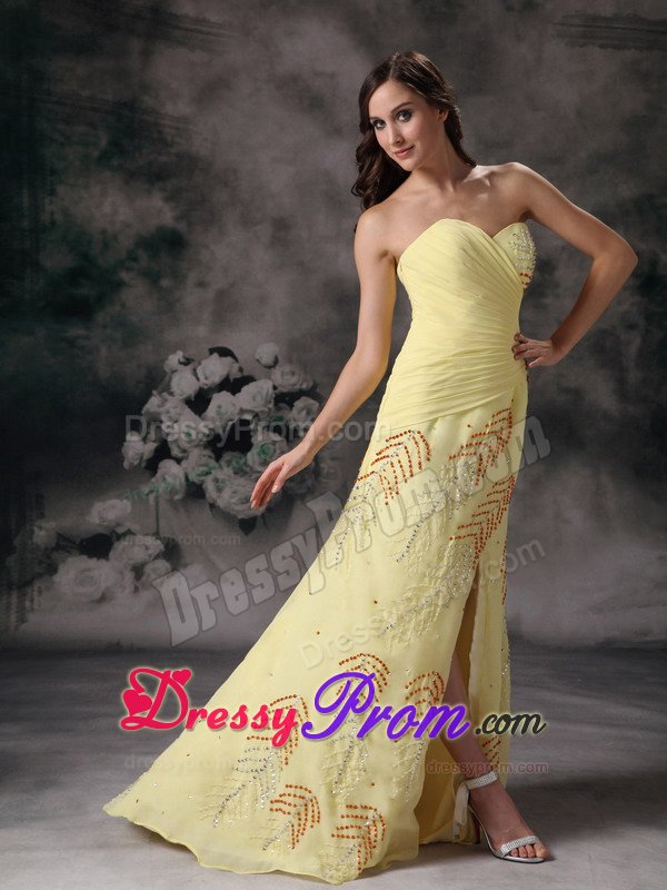 Ruches and High Slit Accent Yellow Prom Gown Dress with Beading
