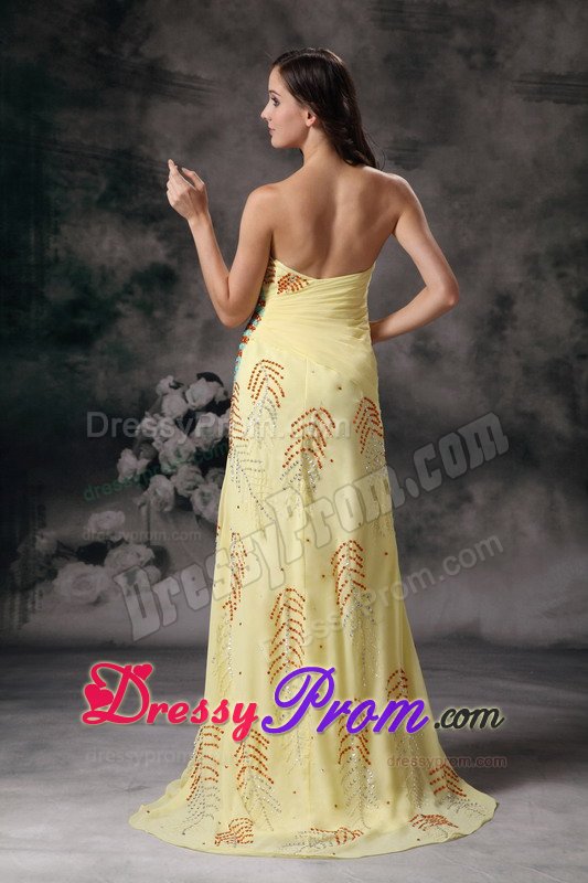 Ruches and High Slit Accent Yellow Prom Gown Dress with Beading