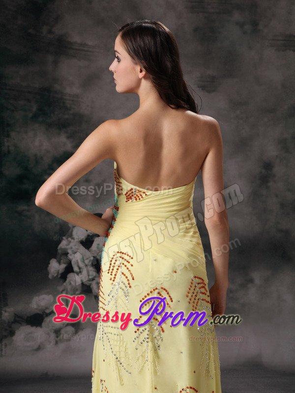 Ruches and High Slit Accent Yellow Prom Gown Dress with Beading