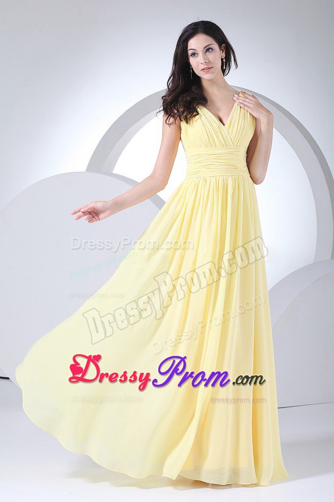 V-neck Ruches Light Yellow Chiffon Floor-length Prom Nightclub Dress