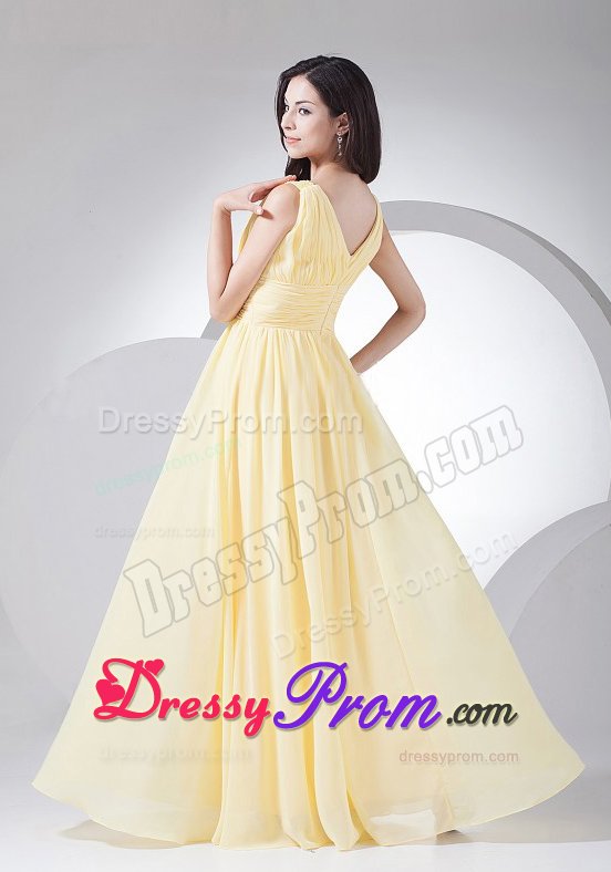 V-neck Ruches Light Yellow Chiffon Floor-length Prom Nightclub Dress
