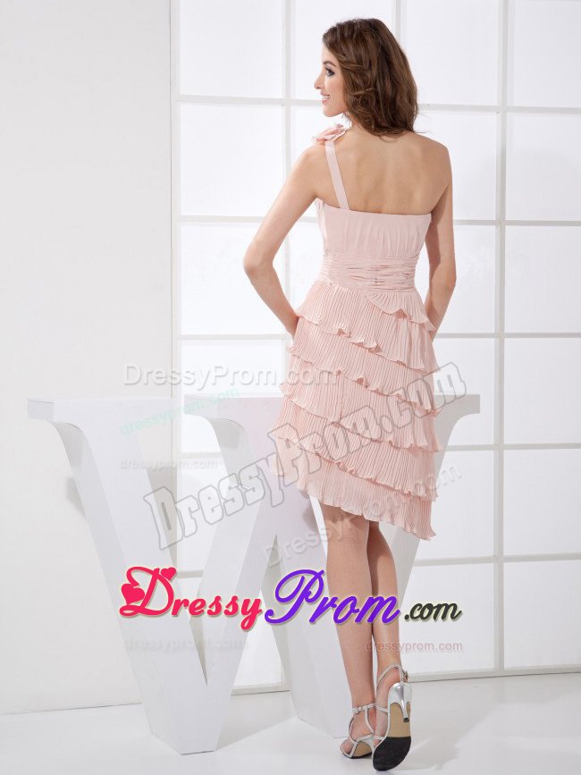 Layers One Shoulder Hand Made Flower Light Pink Chiffon Prom Dress in 2013