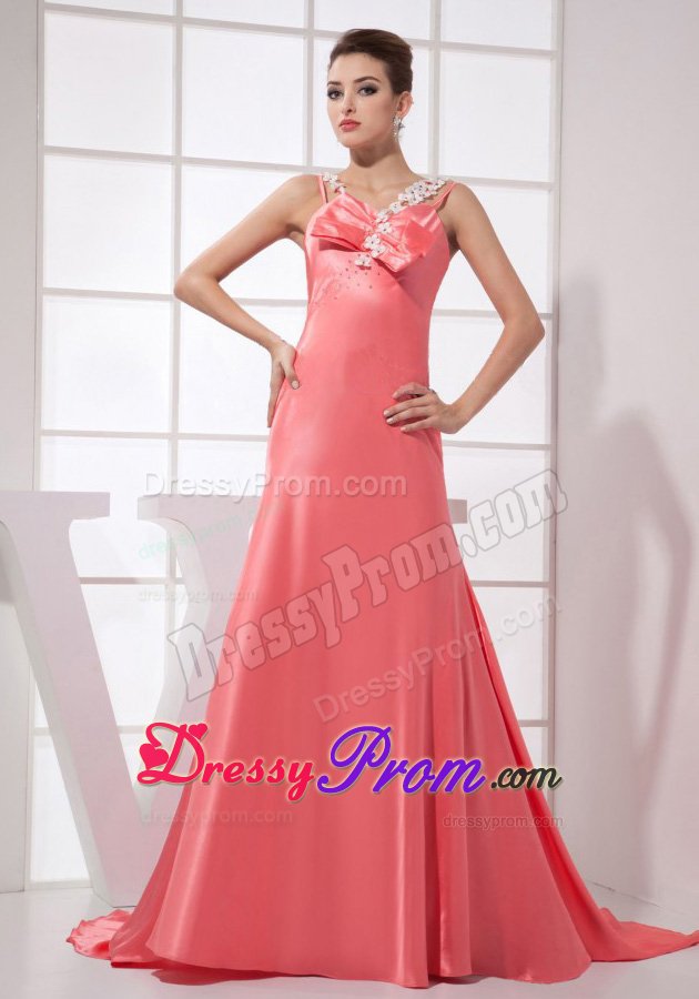 Straps Beading Prom Formal Dress with Brush Train and Handmade Flowers