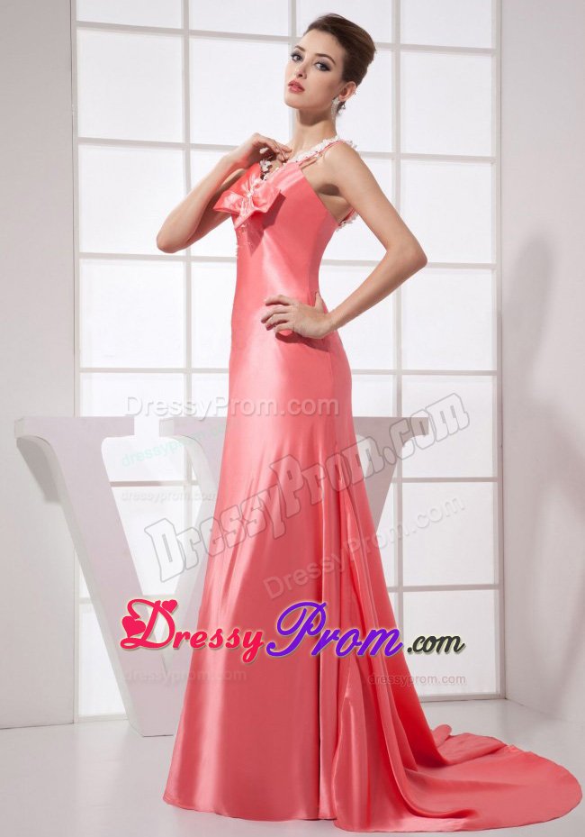 Straps Beading Prom Formal Dress with Brush Train and Handmade Flowers