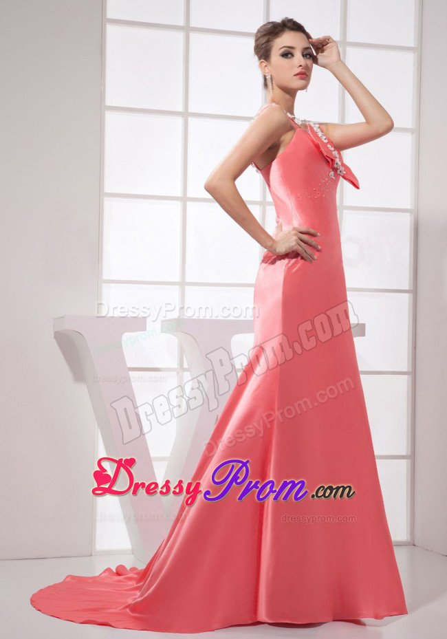 Straps Beading Prom Formal Dress with Brush Train and Handmade Flowers