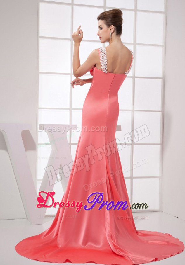 Straps Beading Prom Formal Dress with Brush Train and Handmade Flowers
