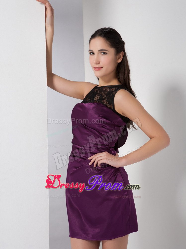 Hot on Sale Purple and Black Lace Satin Mini Length Prom Dresses