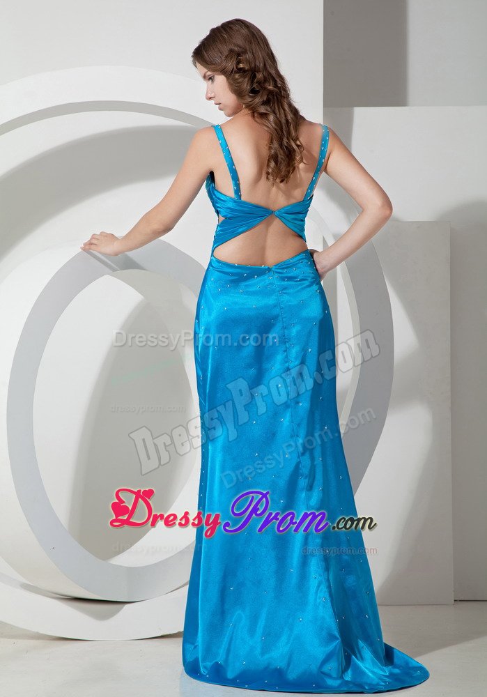 Sky Blue Straps Brush Prom Gown Dresses with Beading and Ruches