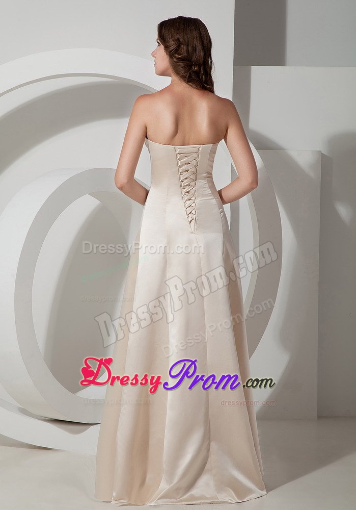 Champagne A-line Strapless Satin Prom Gown Dresses with Ruches