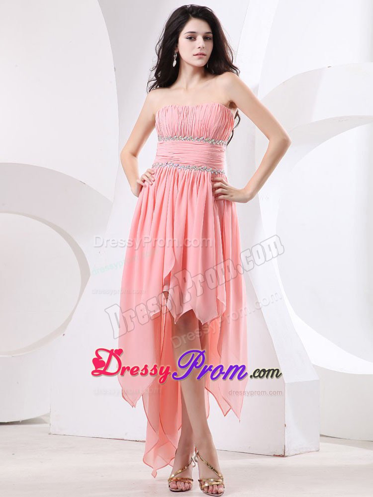 High-low Strapless Beading Ruches Watermelon Chiffon Prom Party Dress