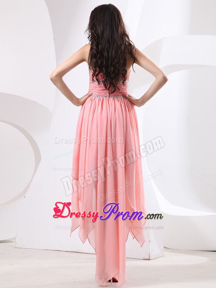 High-low Strapless Beading Ruches Watermelon Chiffon Prom Party Dress