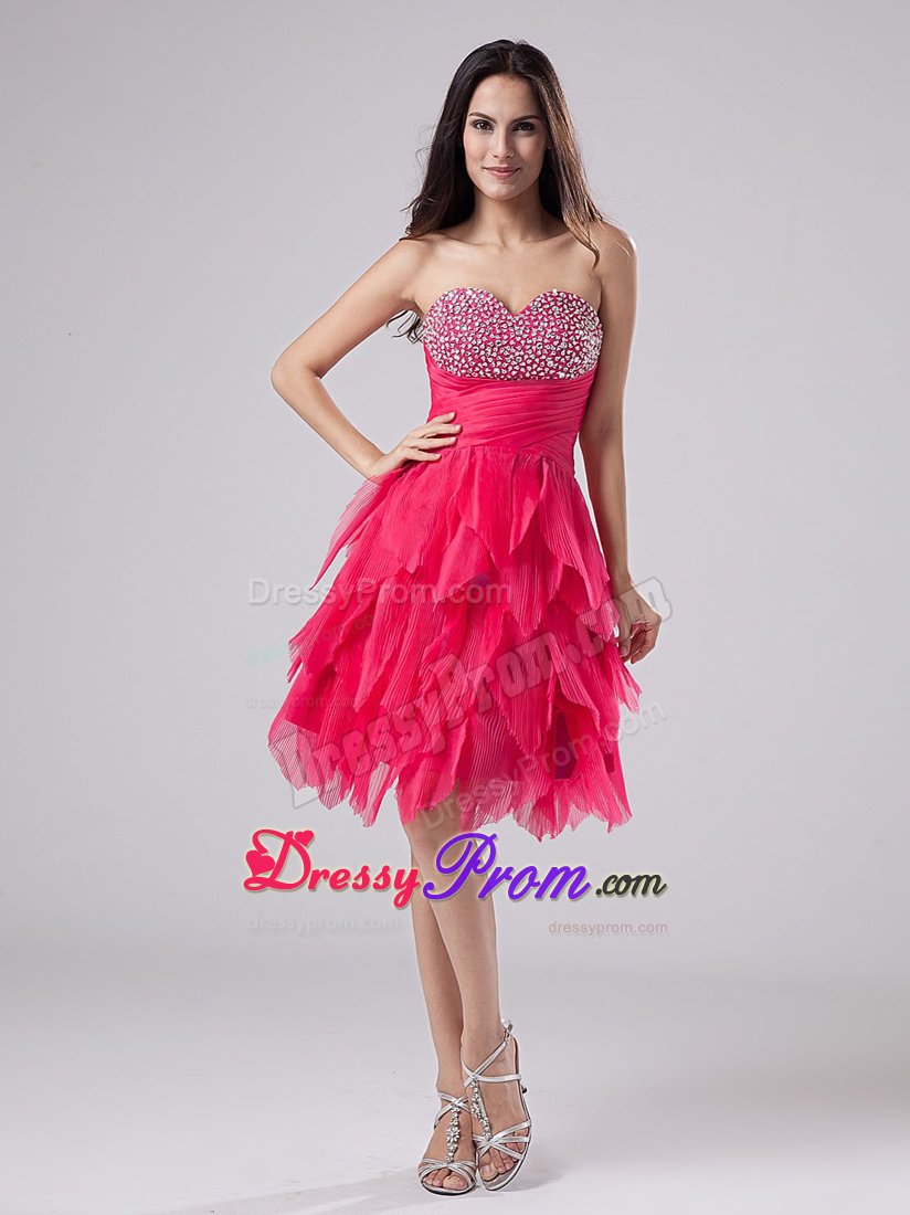 Sweetheart Beaded Coral Red Knee-length Ruffled Prom Cocktail Dress