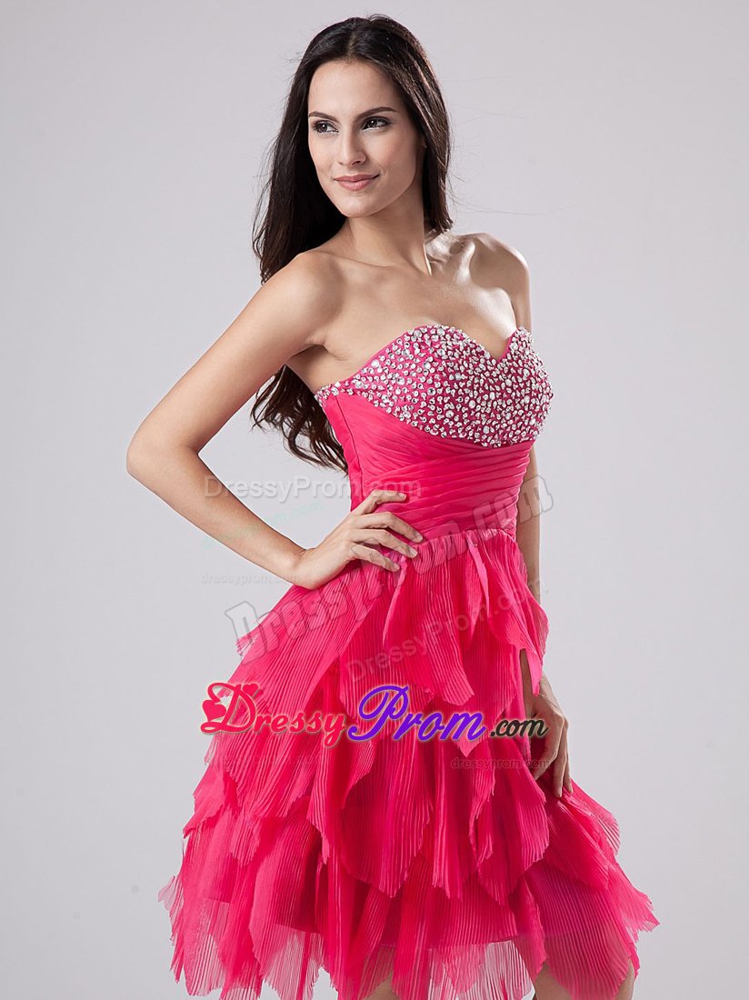 Sweetheart Beaded Coral Red Knee-length Ruffled Prom Cocktail Dress