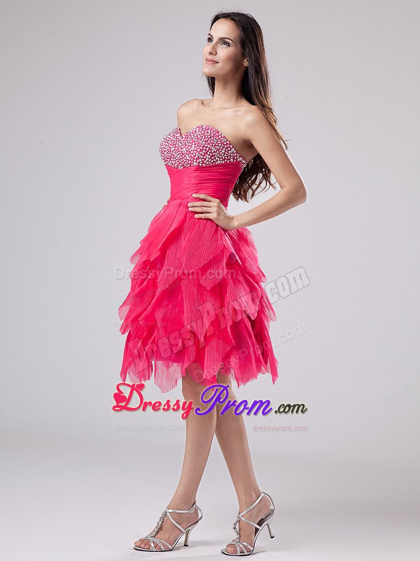 Sweetheart Beaded Coral Red Knee-length Ruffled Prom Cocktail Dress