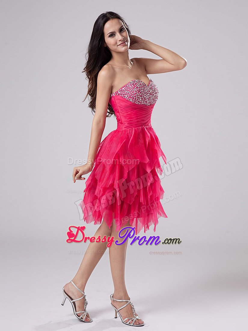 Sweetheart Beaded Coral Red Knee-length Ruffled Prom Cocktail Dress