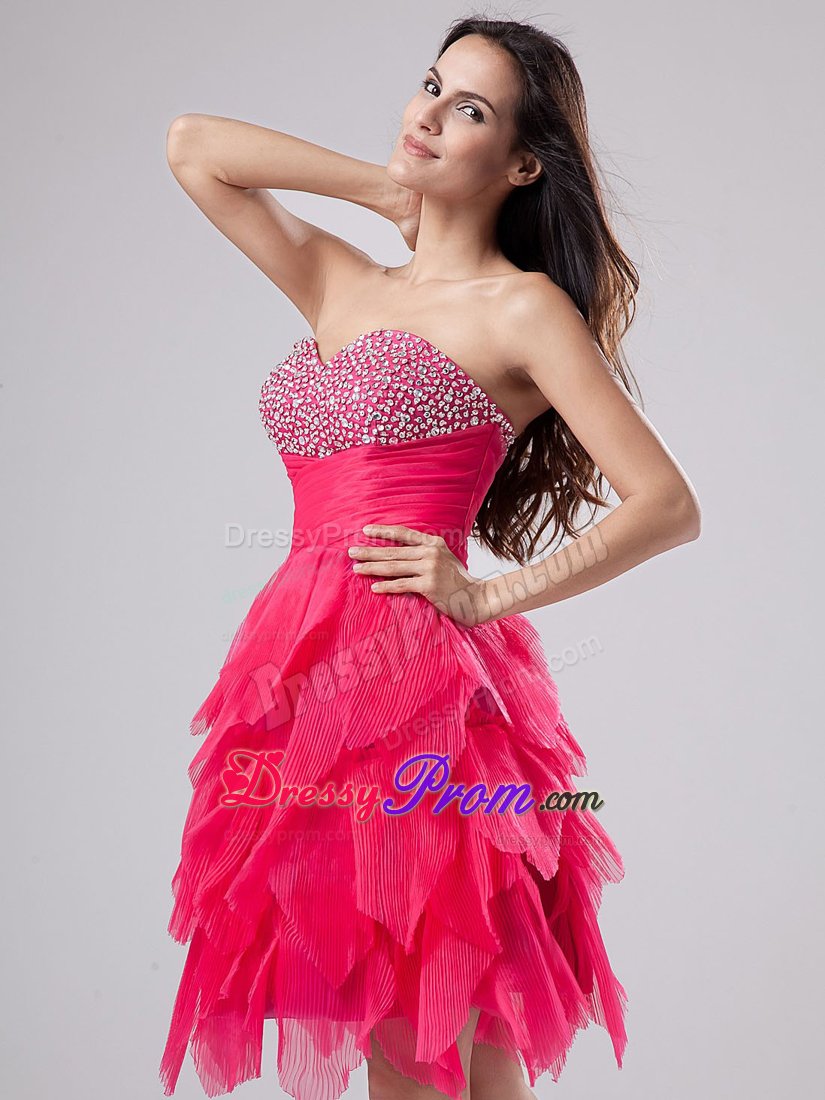 Sweetheart Beaded Coral Red Knee-length Ruffled Prom Cocktail Dress