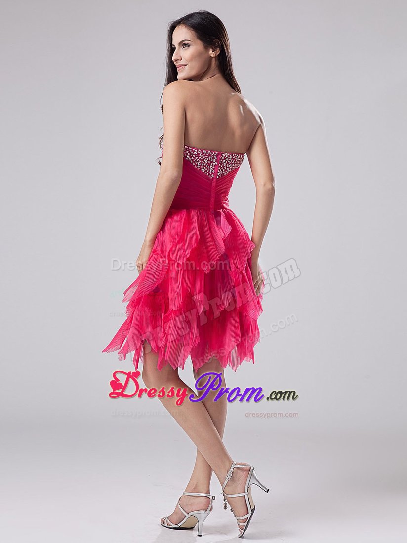 Sweetheart Beaded Coral Red Knee-length Ruffled Prom Cocktail Dress