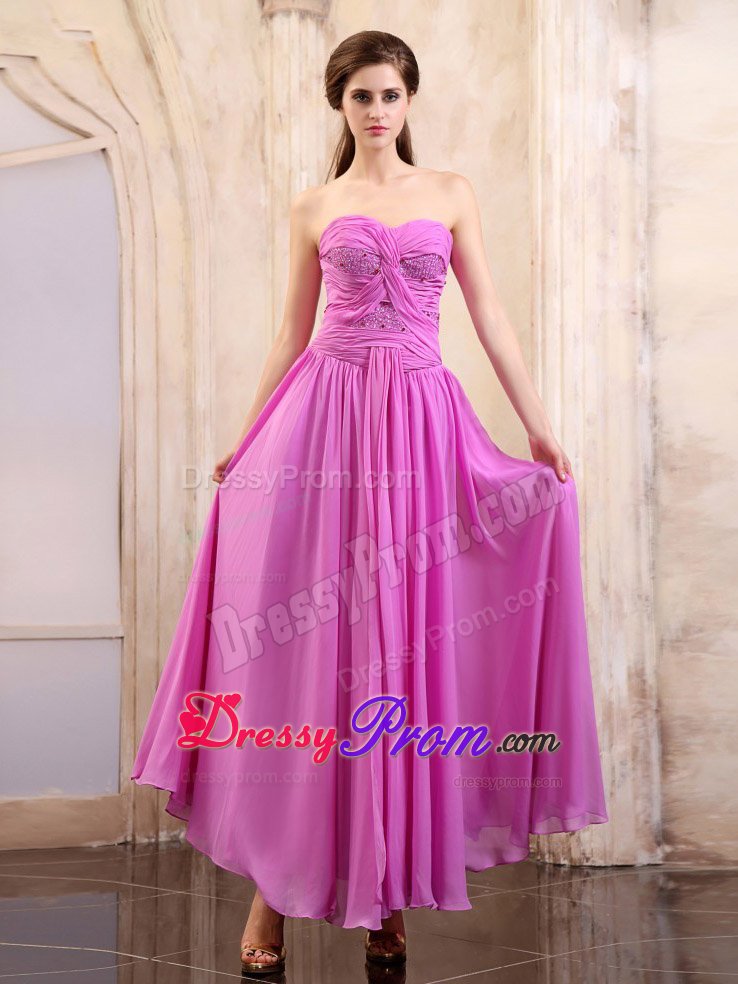 Sweetheart Beading Ruches Ankle-length Lavender Formal Prom Dresses
