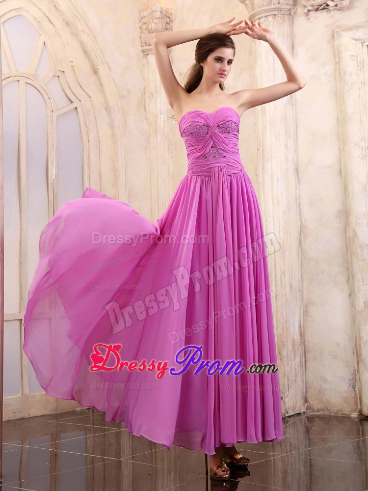 Sweetheart Beading Ruches Ankle-length Lavender Formal Prom Dresses
