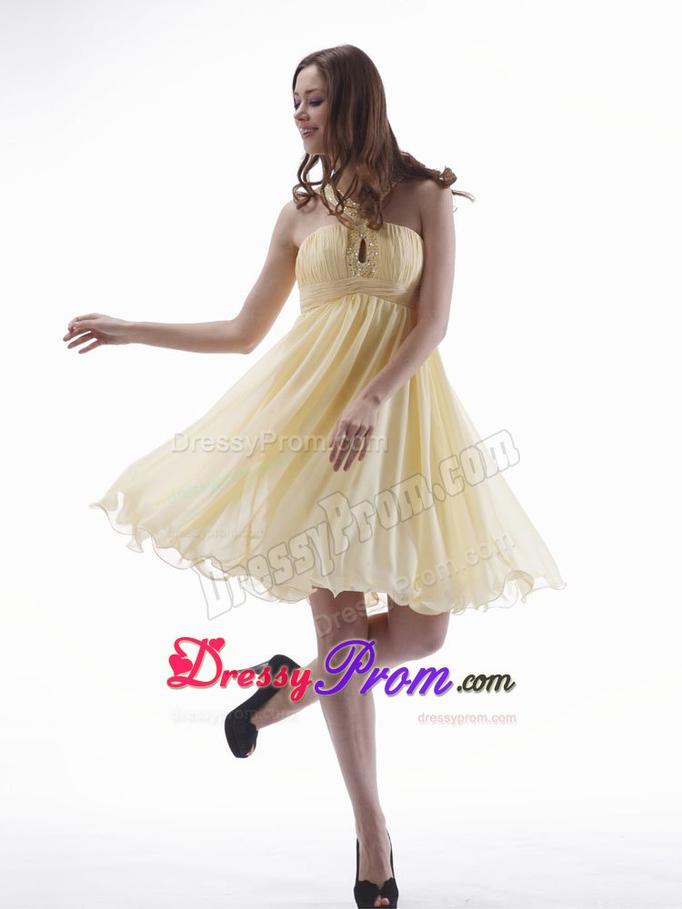 V-neck Beading Key Hole Chiffon Yellow Short Dresses For Debutante Ball