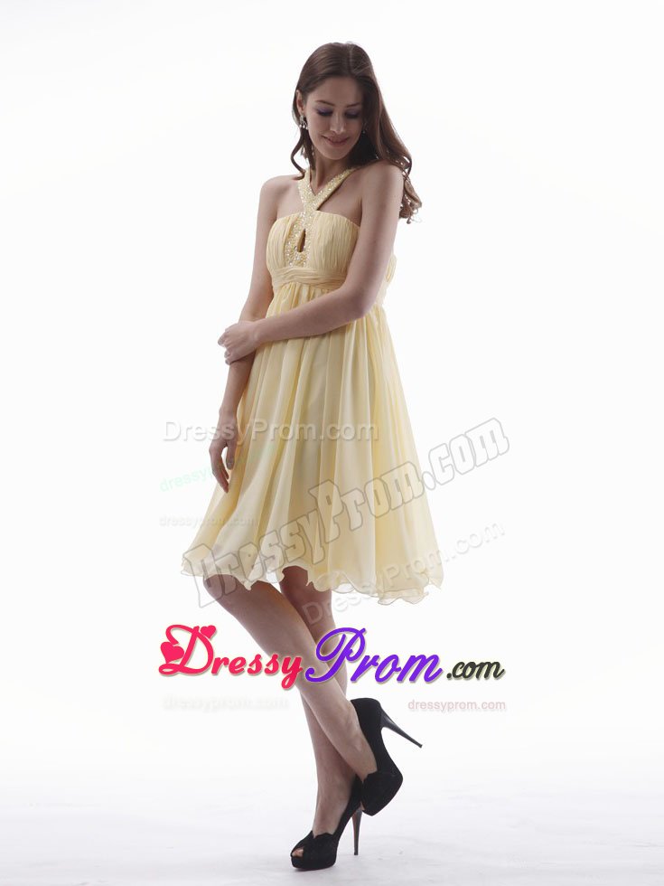 V-neck Beading Key Hole Chiffon Yellow Short Dresses For Debutante Ball
