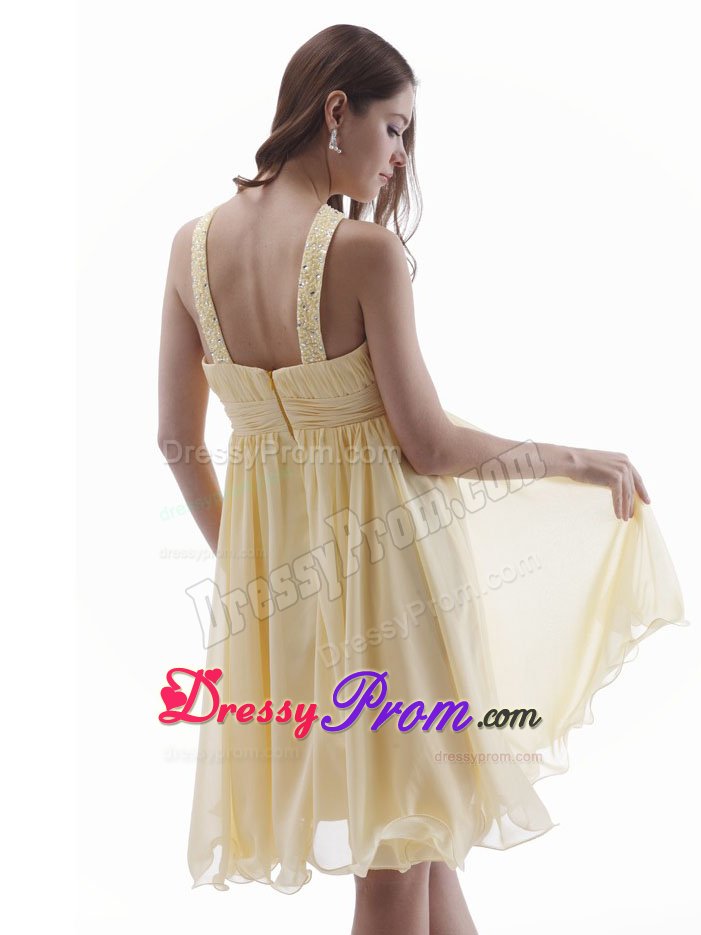 V-neck Beading Key Hole Chiffon Yellow Short Dresses For Debutante Ball